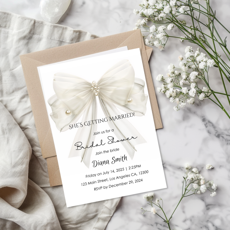 Pearl Bow Bridal Shower Invitation | Editable Template