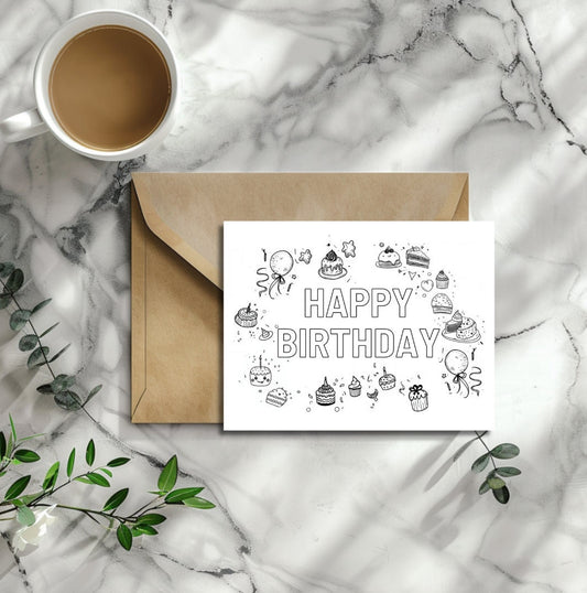 Happy Birthday Coloring Card - For Friends and Family | Instant Download